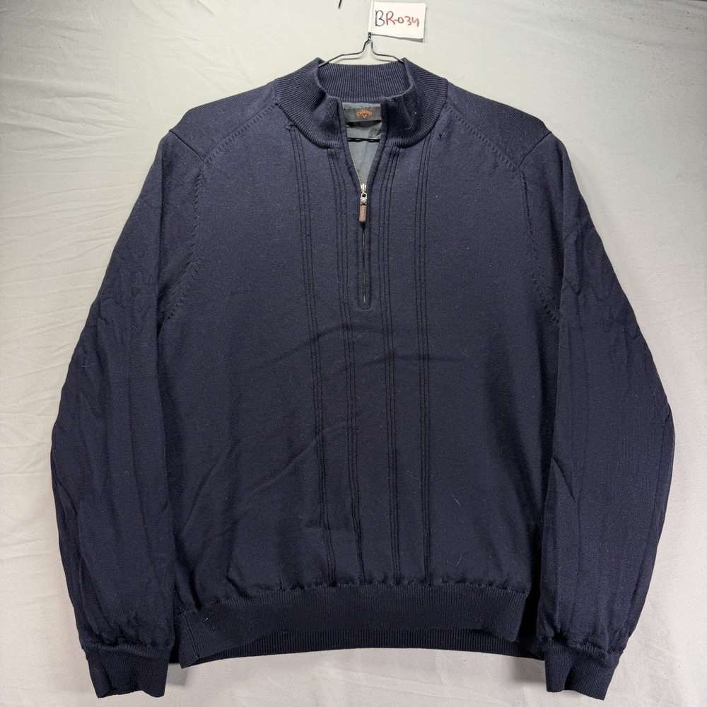 Callaway 1/4 Zip Pullover Mens Large Navy Blue Merino Wool Sweater Lined Wind